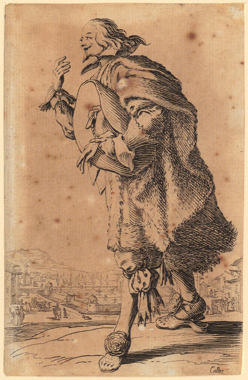 Mann streicht wie Geigenspieler über Grillrost, Blatt 19 der Folge "Die Zwerge" da Jacques Callot