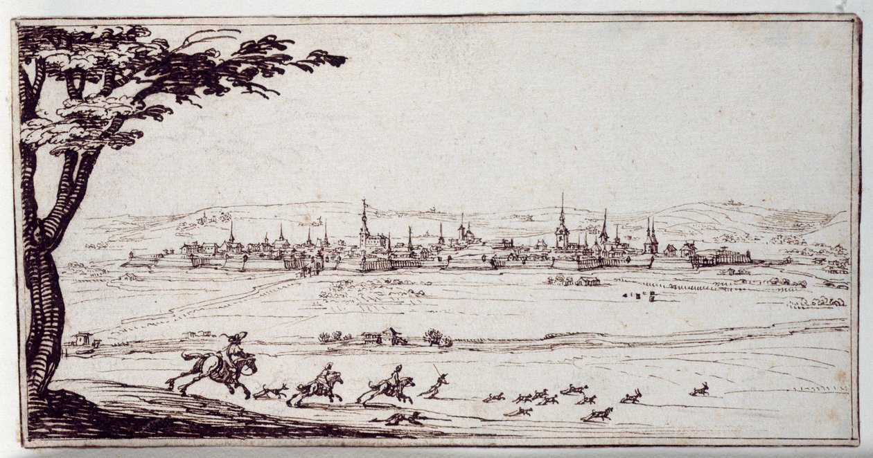 Nancy in lontananza: segugi che inseguono una lepre da Jacques Callot