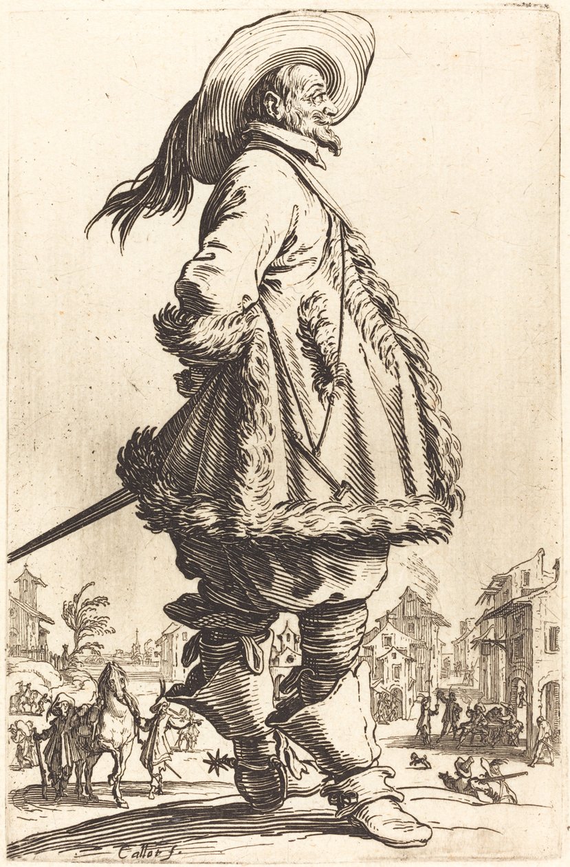 Nobile con Mantello Rifinito in Pelliccia, con le Mani Dietro la Schiena, c. 1620-1623 da Jacques Callot