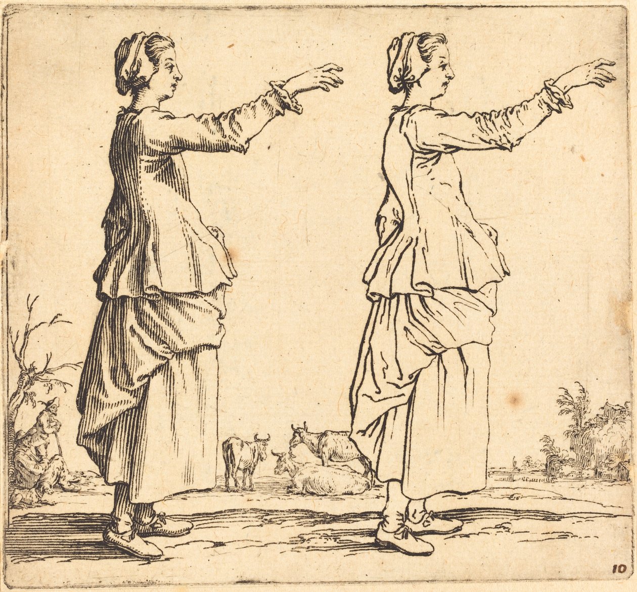 Contadina, di Profilo, Rivolta a Destra, con Braccio Esteso da Jacques Callot