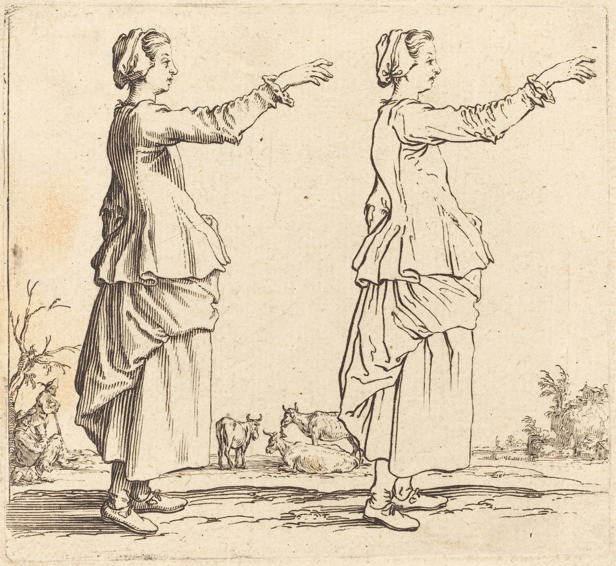 Contadina, di profilo, rivolta a destra, con braccio esteso da Jacques Callot