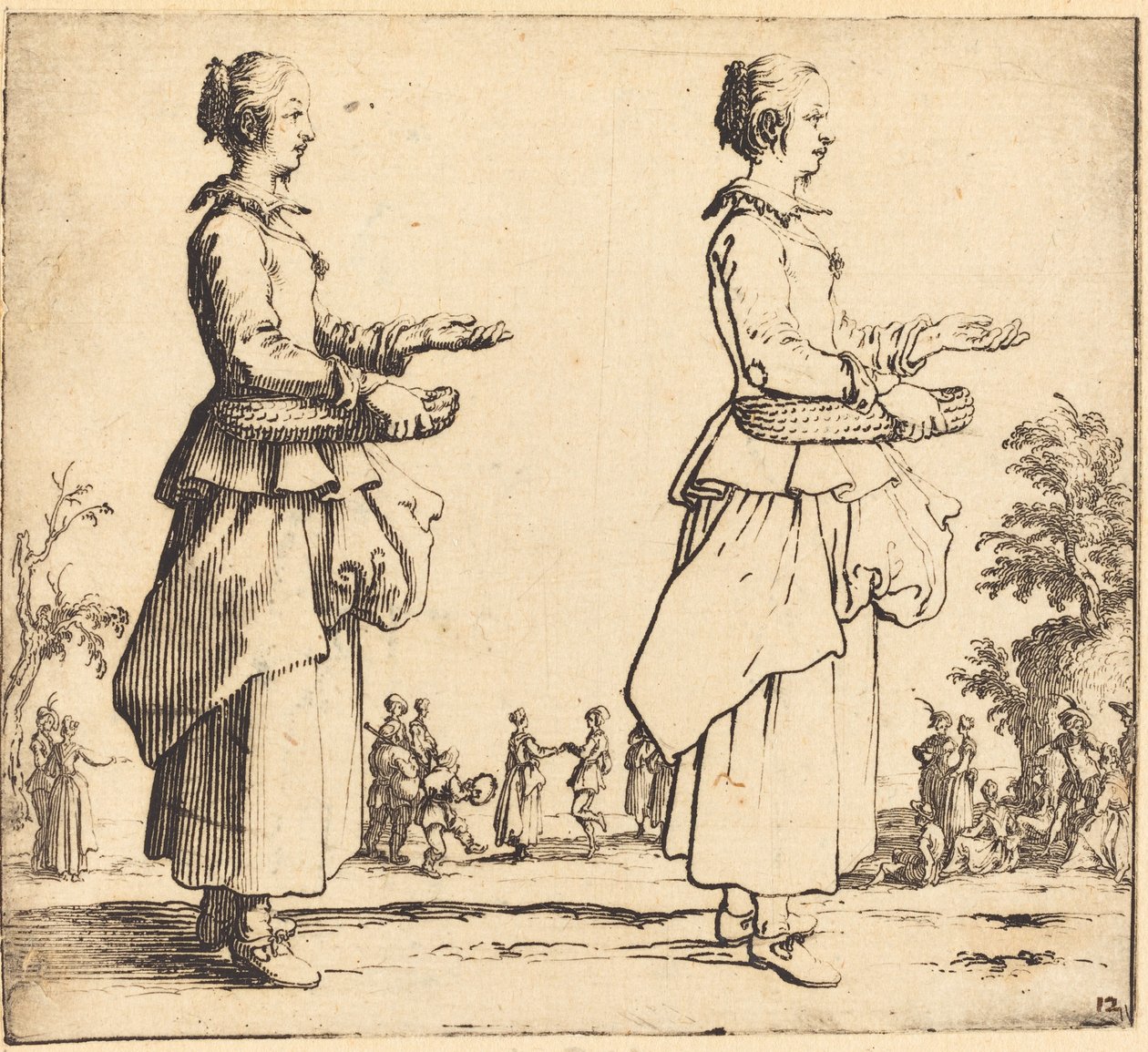 Contadina con cesto, di profilo, rivolta a destra, 1617 e 1621 da Jacques Callot