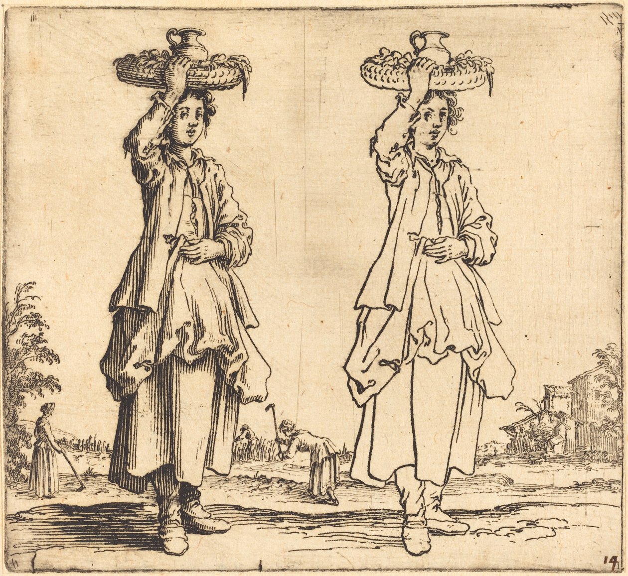 Contadina con cesto sulla testa, vista frontale da Jacques Callot