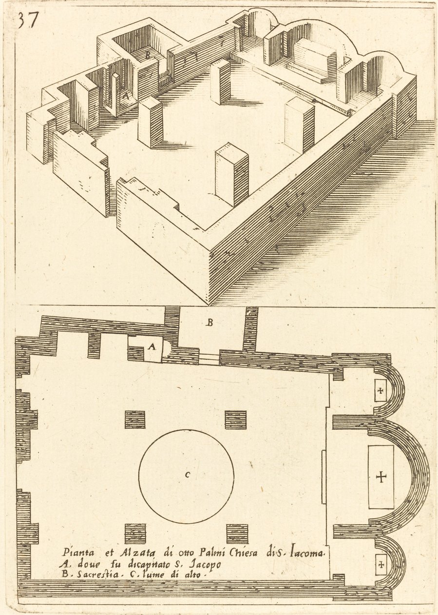 Piano e elevazione della chiesa di S. Iacoma da Jacques Callot