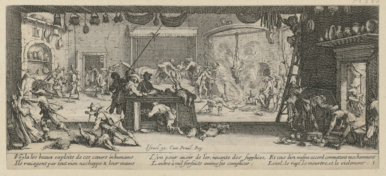 Saccheggio di una fattoria, foglio 5 della serie "Gli orrori della guerra" da Jacques Callot