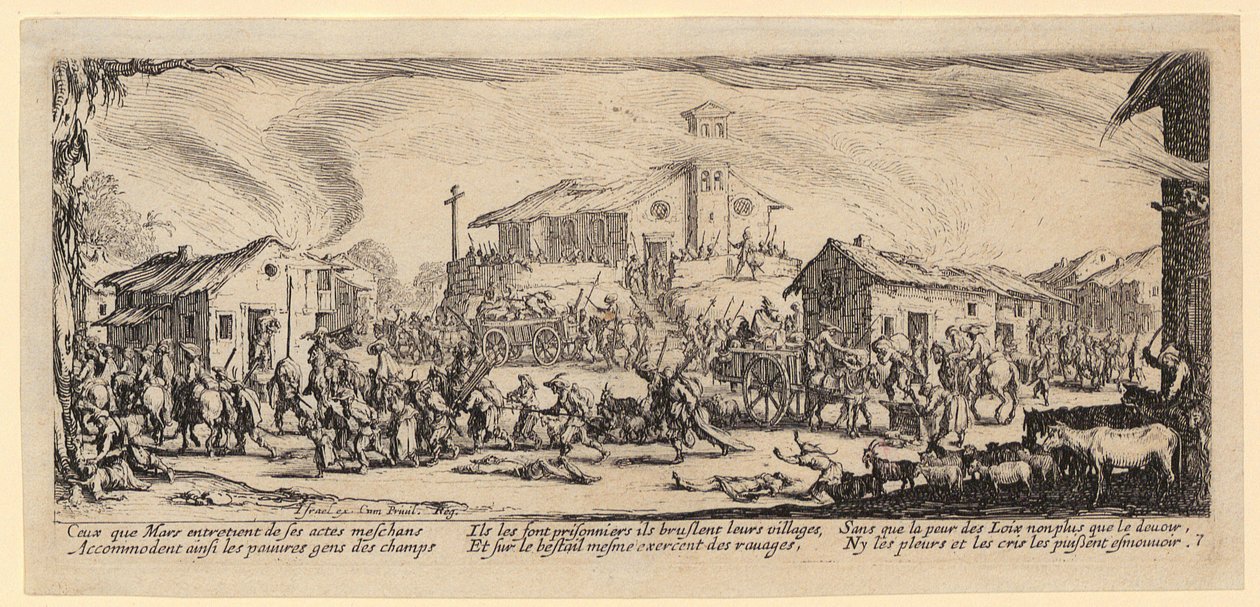 Saccheggio e incendio di un villaggio, tavola 7 della serie “Le miserie della guerra” da Jacques Callot