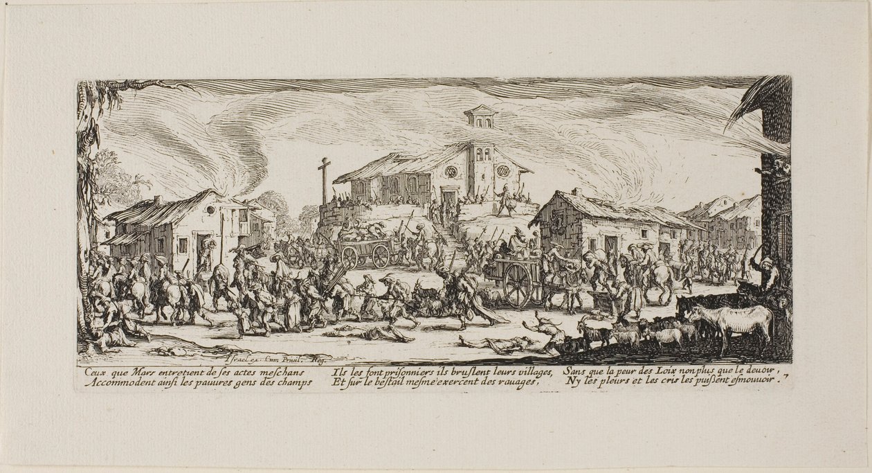 Saccheggio e incendio di un villaggio, tavola sette da The Miseries of War da Jacques Callot