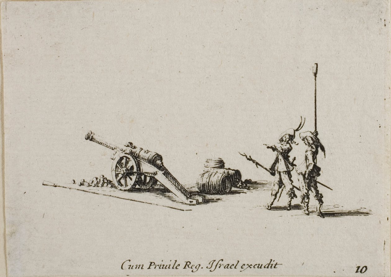Preparativi per Sparare il Canone, tavola dieci da Gli Esercizi Militari da Jacques Callot