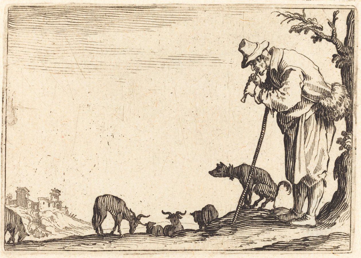 Pastore che suona il flauto da Jacques Callot