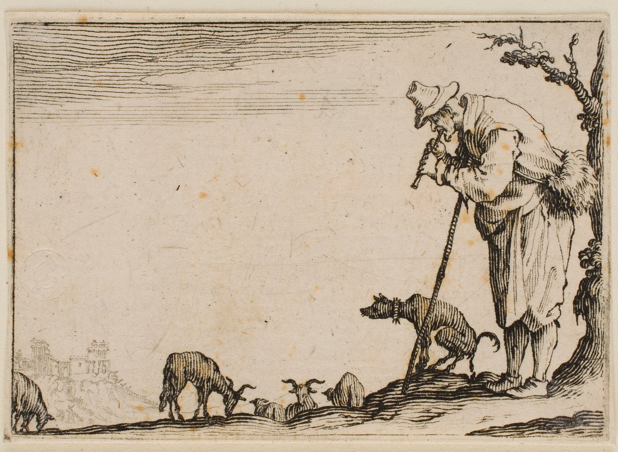 Pastore che suona il flauto, da “I Capricci” (edizione fiorentina) da Jacques Callot