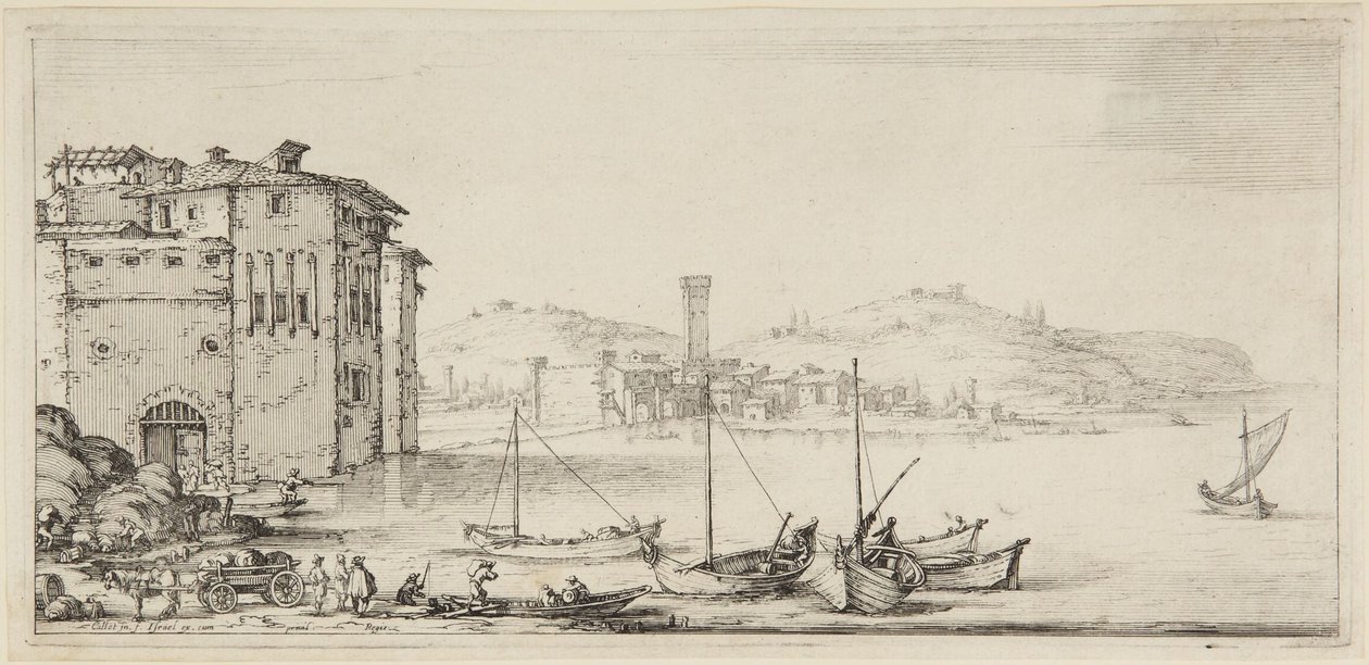 Navi in caricamento, dalla serie Diverse Vedute Designate in Fiorenza (Diversi paesaggi disegnati a Firenze) da Jacques Callot