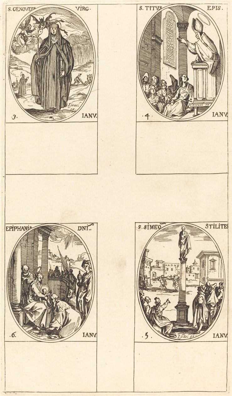 Santa Genoveffa; San Tito; San Simeone Stilita; Epifania da Jacques Callot
