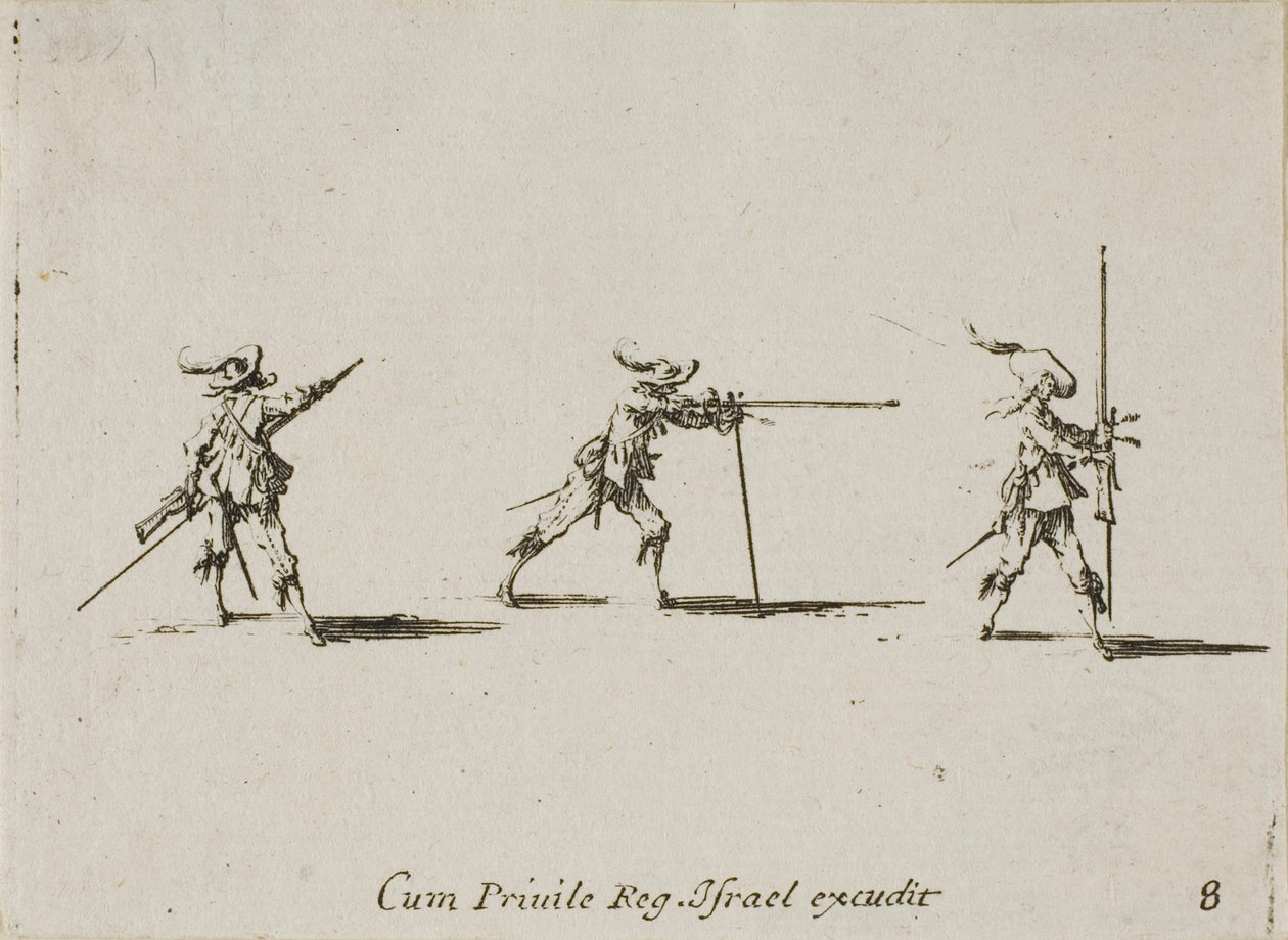 Prendere la posizione di tiro con il moschetto, tavola otto da Gli esercizi militari da Jacques Callot