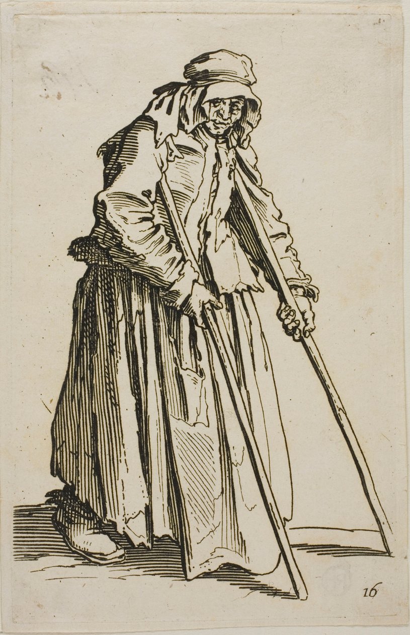 Il mendicante con le stampelle e il suo portafoglio da mendicante, tavola dieci da I mendicanti da Jacques Callot
