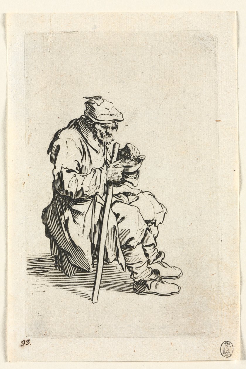 I mendicanti: Mendicante seduto e che mangia, c. 1623 da Jacques Callot