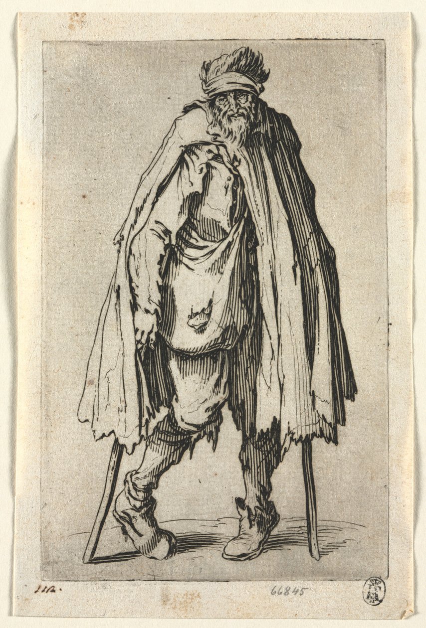 I mendicanti: Mendicante su stampelle con una borsa, c. 1623 da Jacques Callot