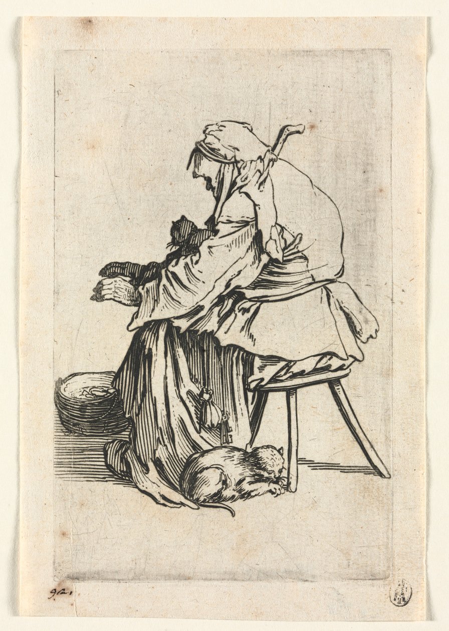 I mendicanti: Vecchia donna e gatti, c. 1623 da Jacques Callot