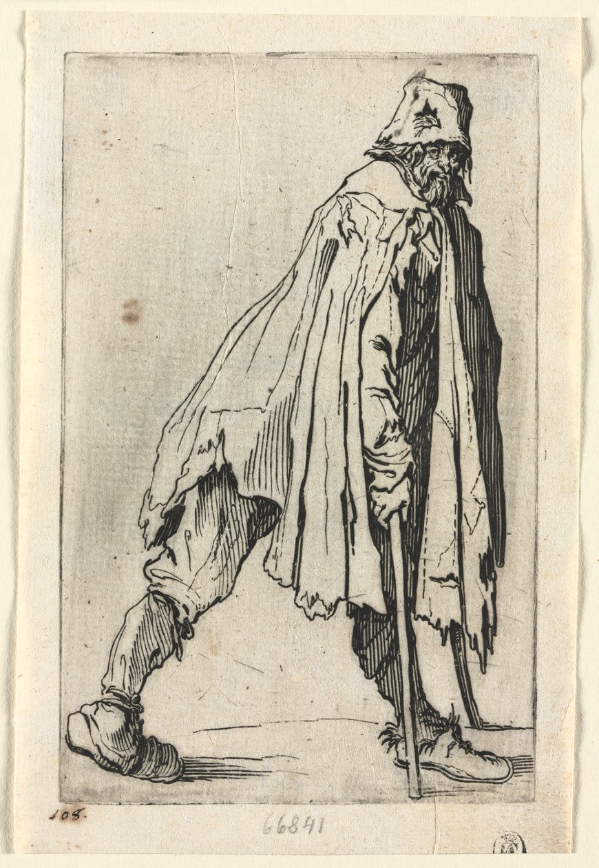 I mendicanti: Mendicante con stampelle, con un berretto da Jacques Callot