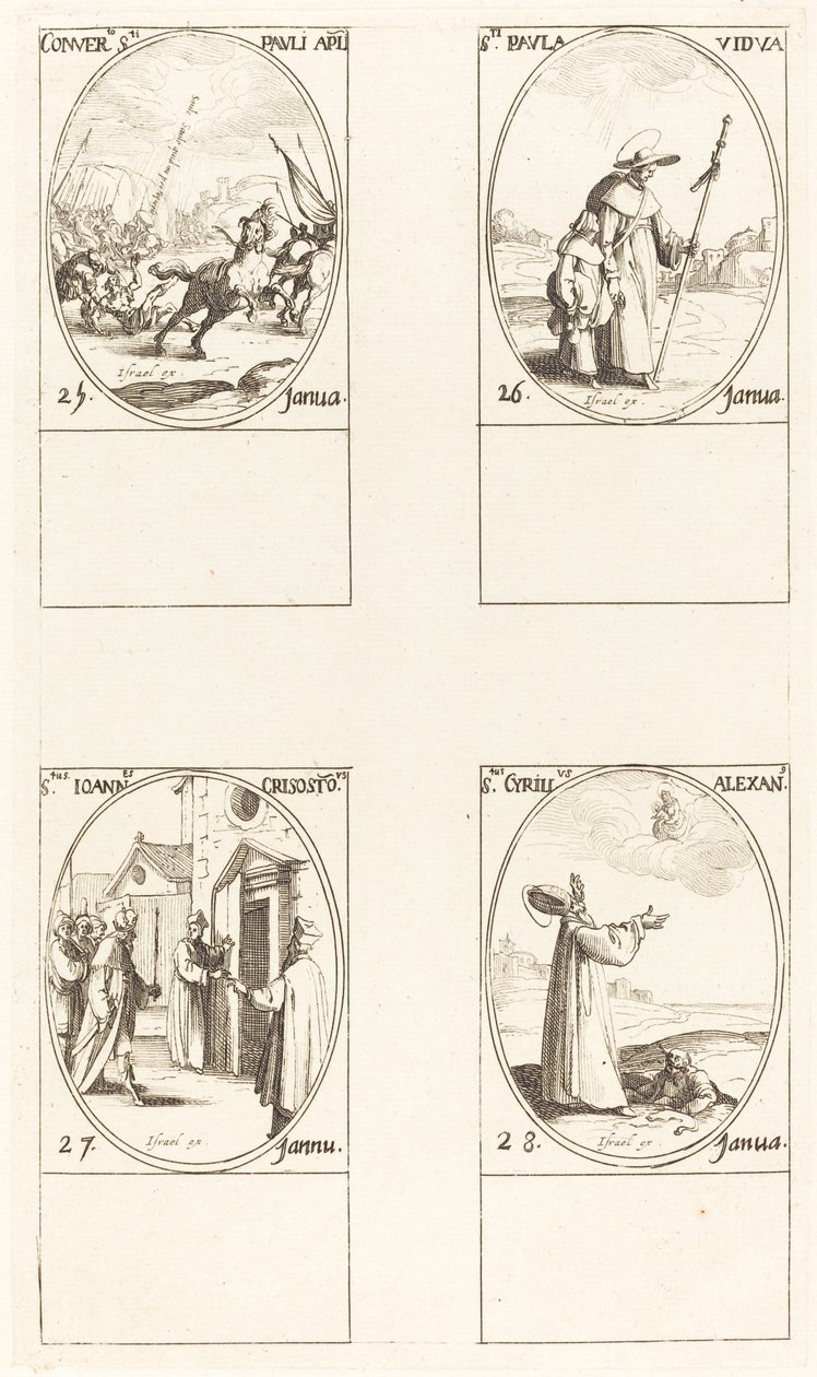 La conversione di Saulo; San Paolo; San Giovanni Crisostomo; San Cirillo di Alessandria da Jacques Callot