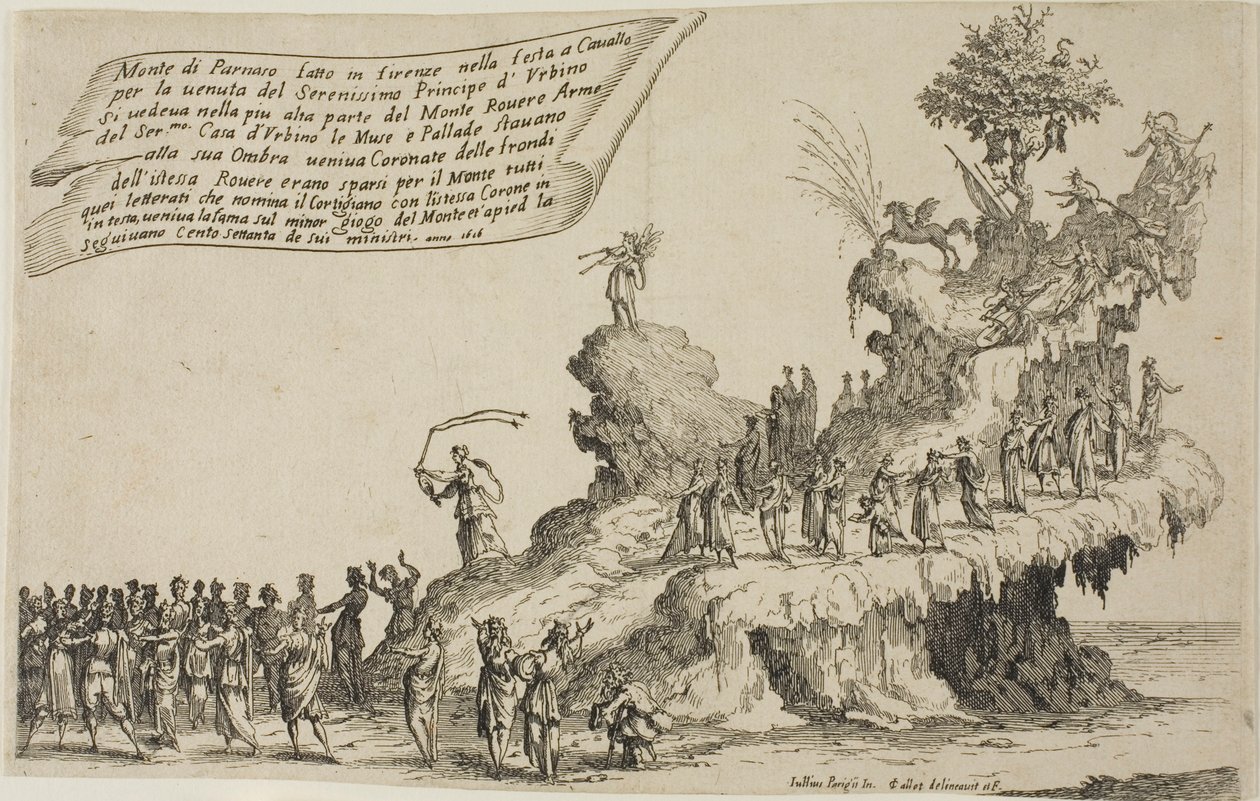 Il carro del Monte Parnaso, da La guerra della bellezza da Jacques Callot