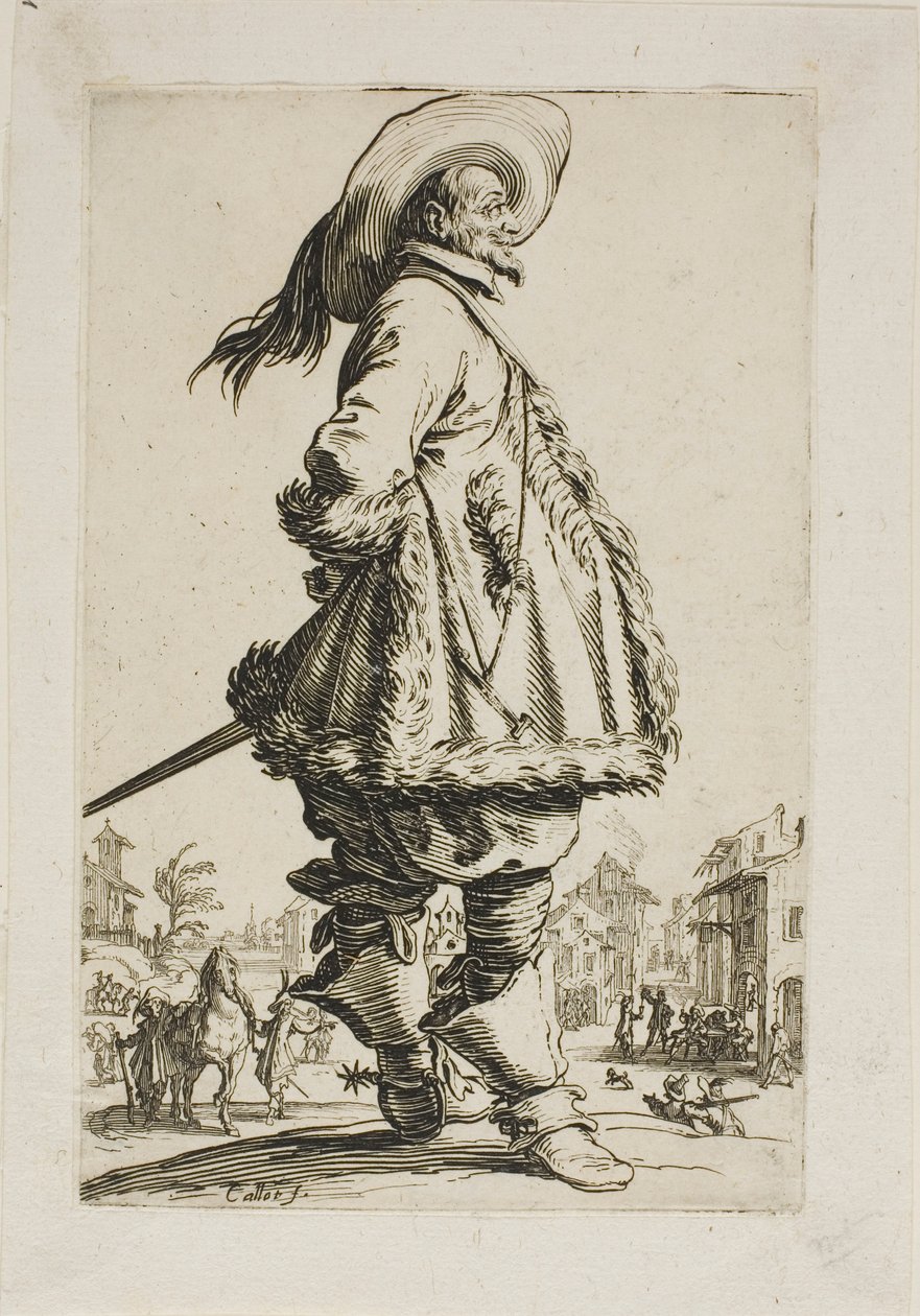 Il gentiluomo in un mantello bordato di pelliccia, con le mani dietro la schiena, tavola sette da La Noblesse da Jacques Callot