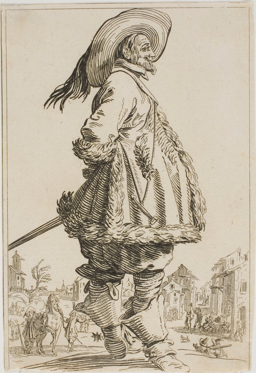 Il gentiluomo con il mantello bordato di pelliccia con le mani dietro la schiena, dalla serie La nobiltà della Lorena da Jacques Callot