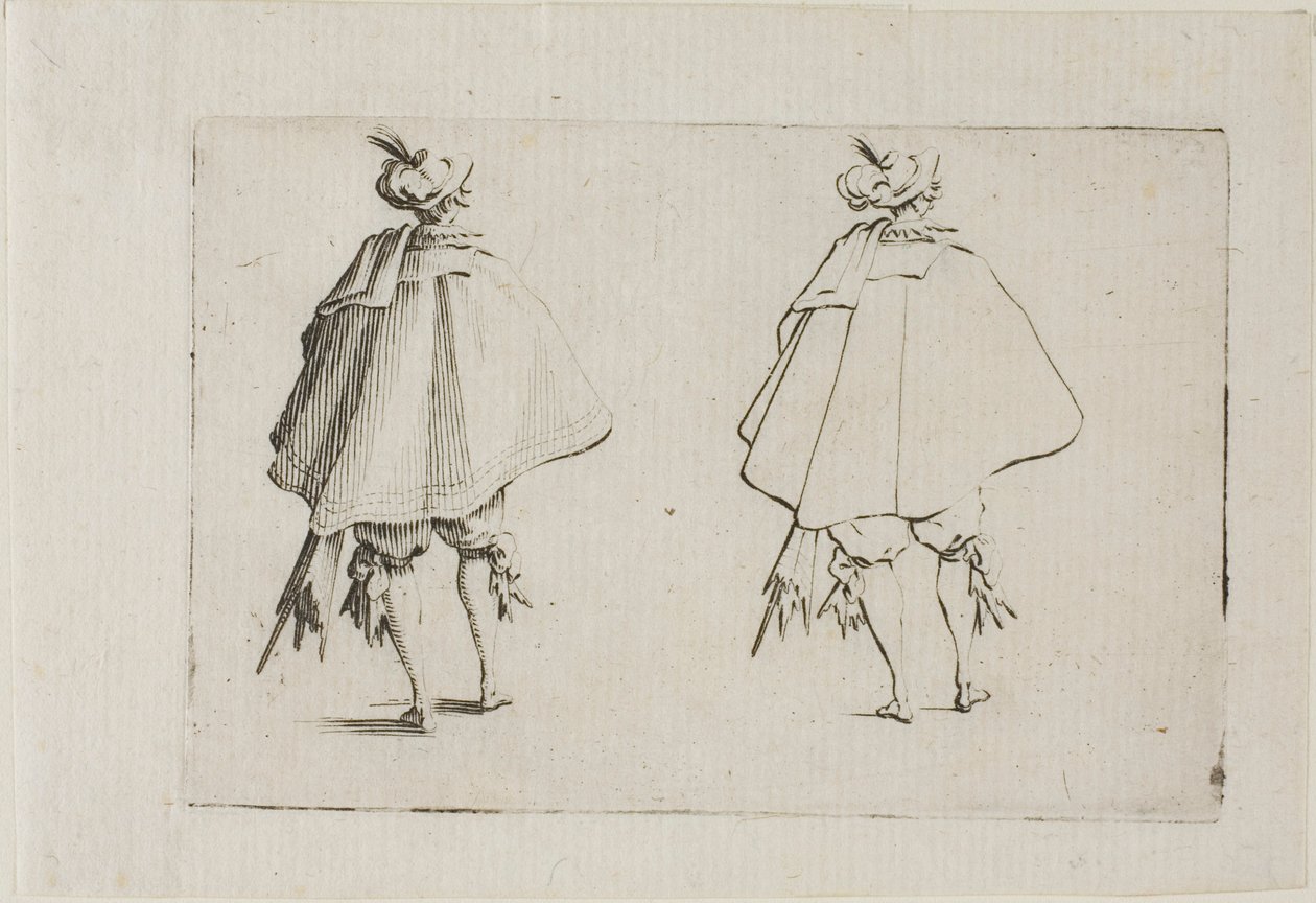 Il gentiluomo con un grande cappotto, visto da dietro, da I Capricci da Jacques Callot