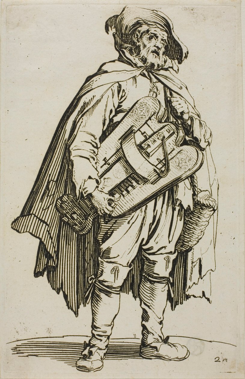 Il suonatore di ghironda, tavola due da I mendicanti da Jacques Callot