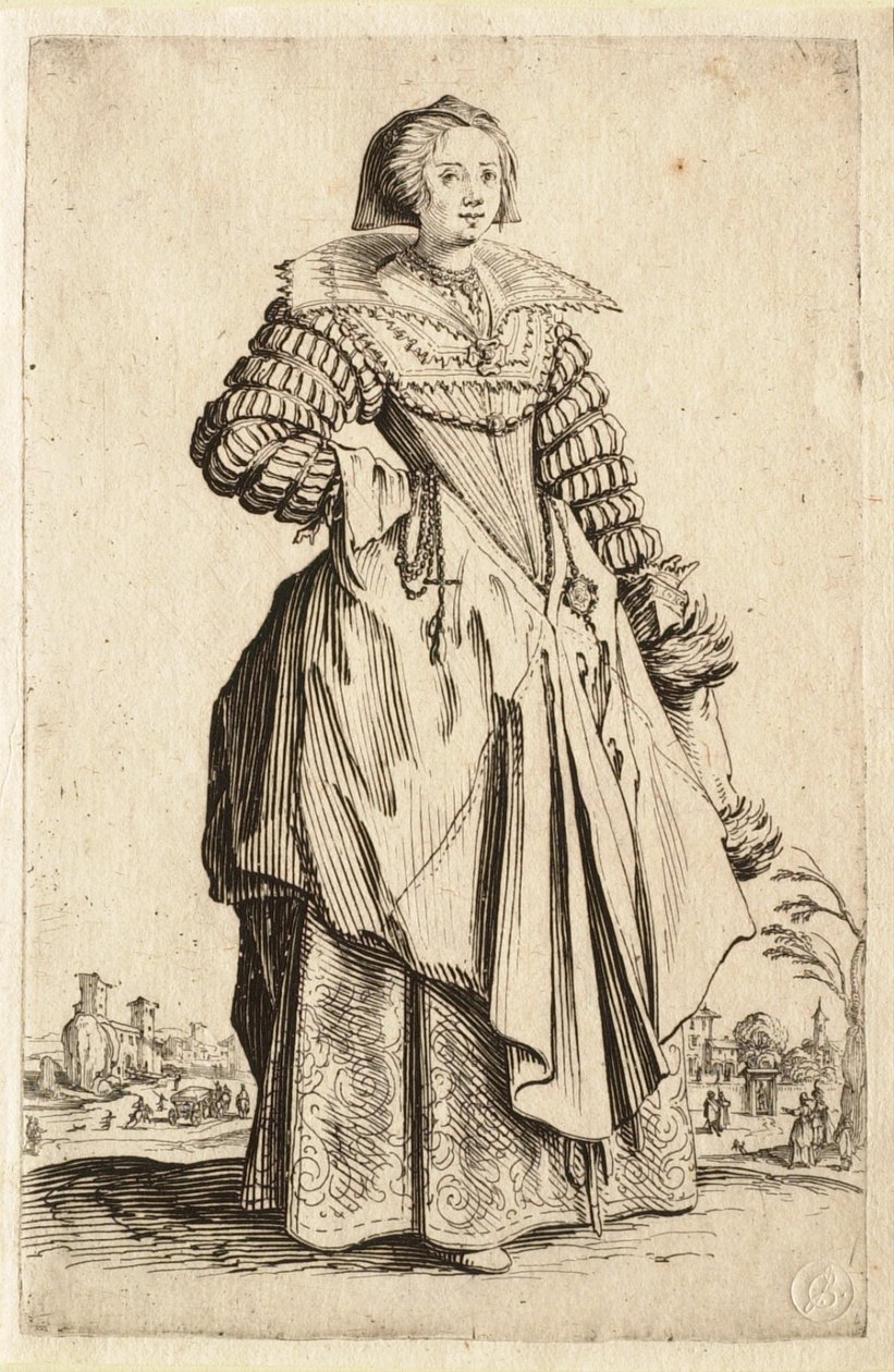 La signora con il grande collare e il copricapo che ricade all’indietro (La dame à la grande collerette et à la coiffe retombant en arrière) da Jacques Callot