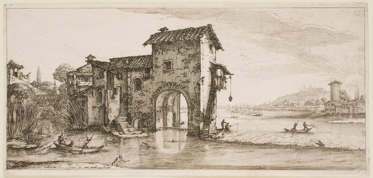 Il mulino sul fiume, dalla serie “I paesaggi di Firenze” da Jacques Callot