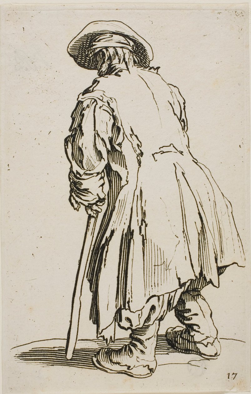 Il vecchio mendicante appoggiato alla sua stampella, tavola diciassette da I mendicanti da Jacques Callot