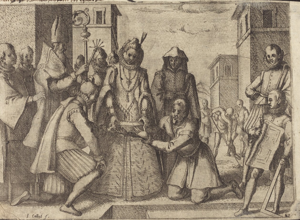 La regina posa la prima pietra per la chiesa delle Clarisse in Spagna [verso] da Jacques Callot