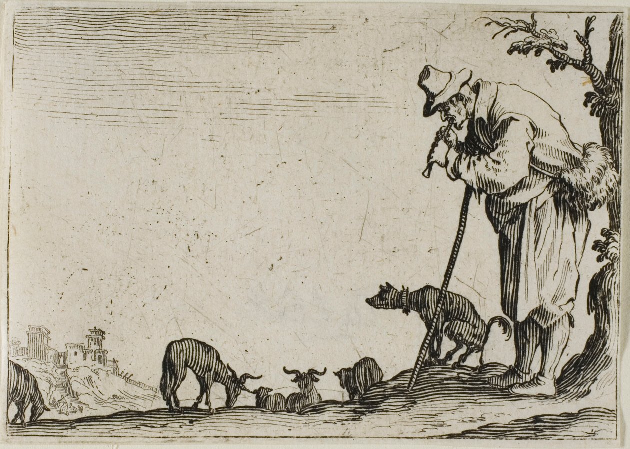 Il pastore che suona un flauto, dai Capricci da Jacques Callot