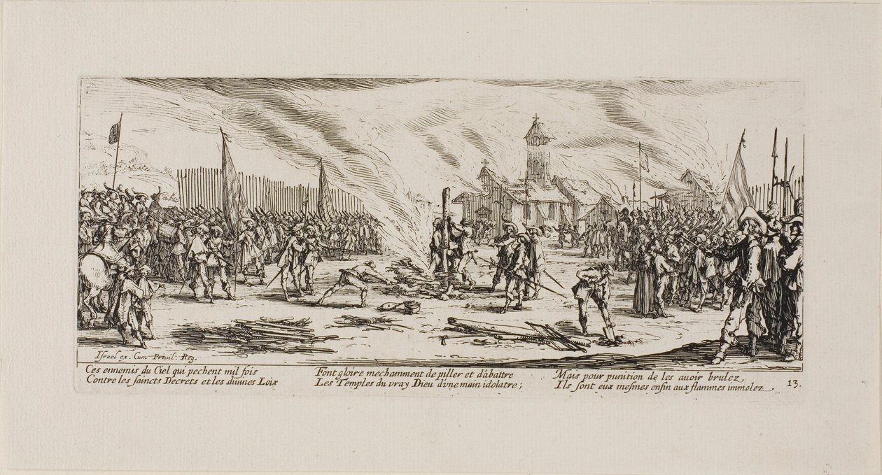 Il rogo, tredicesima tavola da Le miserie della guerra da Jacques Callot