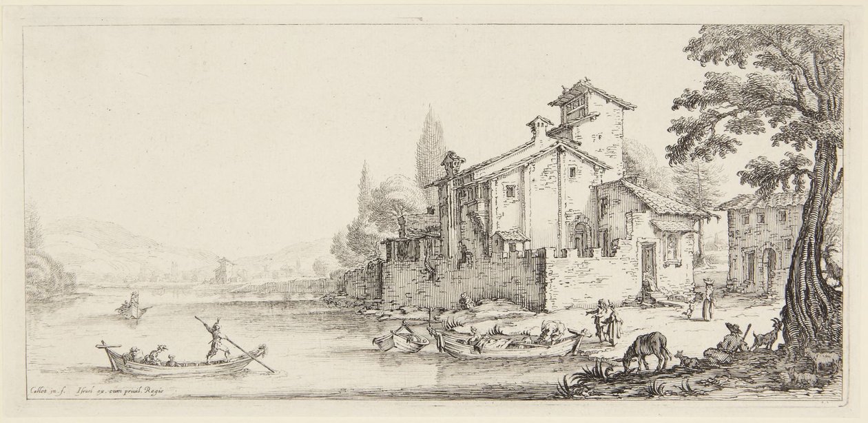 La passeggiata in riva all’acqua, dalla serie *Paysages Gravées pour Jean de Médicis, Paysages Dessinés à Florence* (Paesaggi per Giovanni de’ Medici o Paesaggi disegnati a Firenze) da Jacques Callot