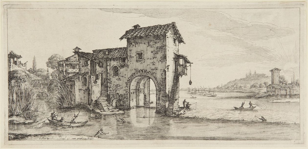 Il mulino ad acqua, dalla serie Diverse Vedute Designate in Fiorenza (Diversi paesaggi disegnati a Firenze) da Jacques Callot