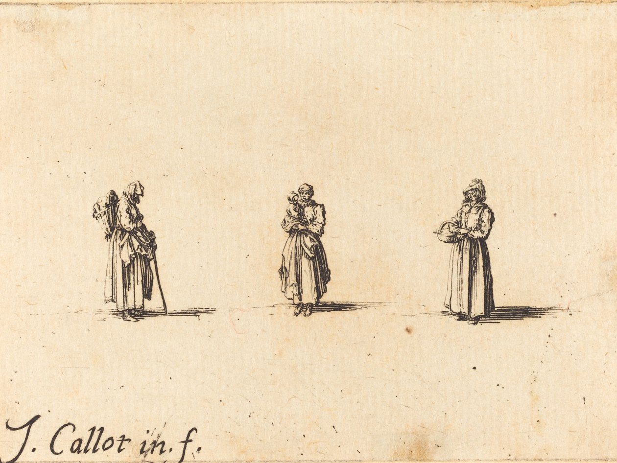Tre donne, una che tiene un bambino, probabilmente 1634 da Jacques Callot
