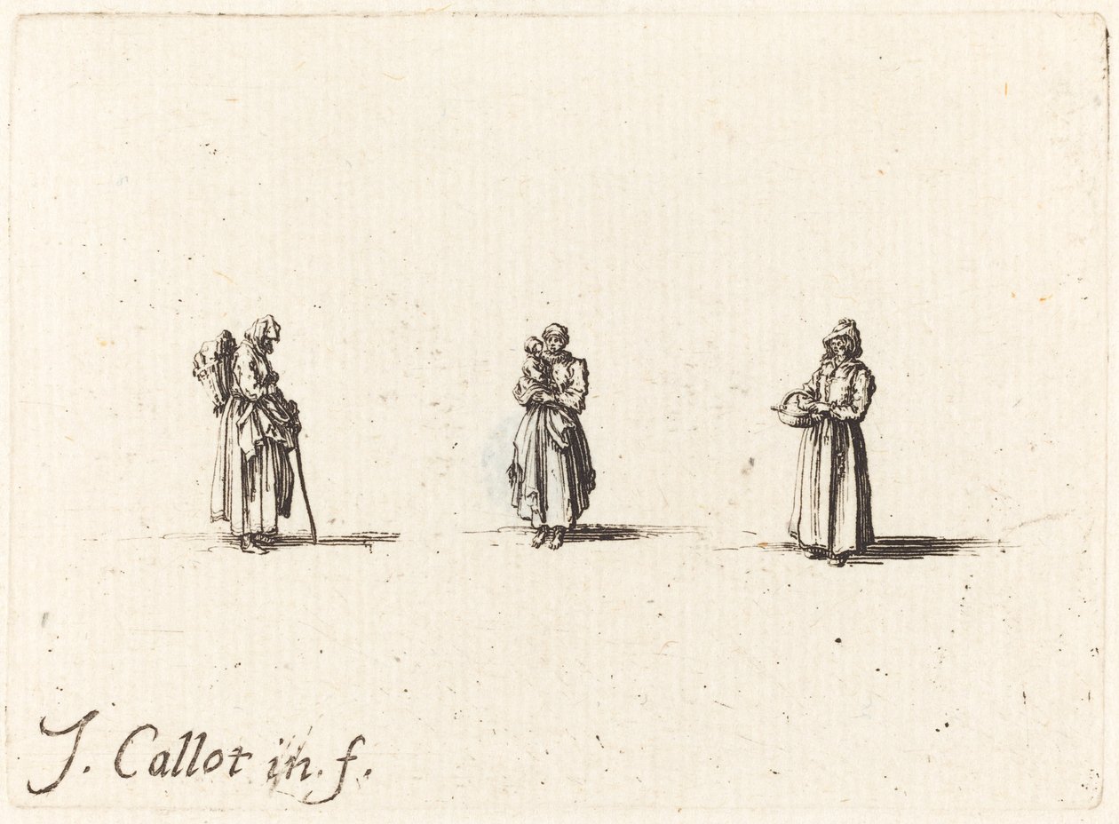 Tre donne, una che tiene un bambino da Jacques Callot