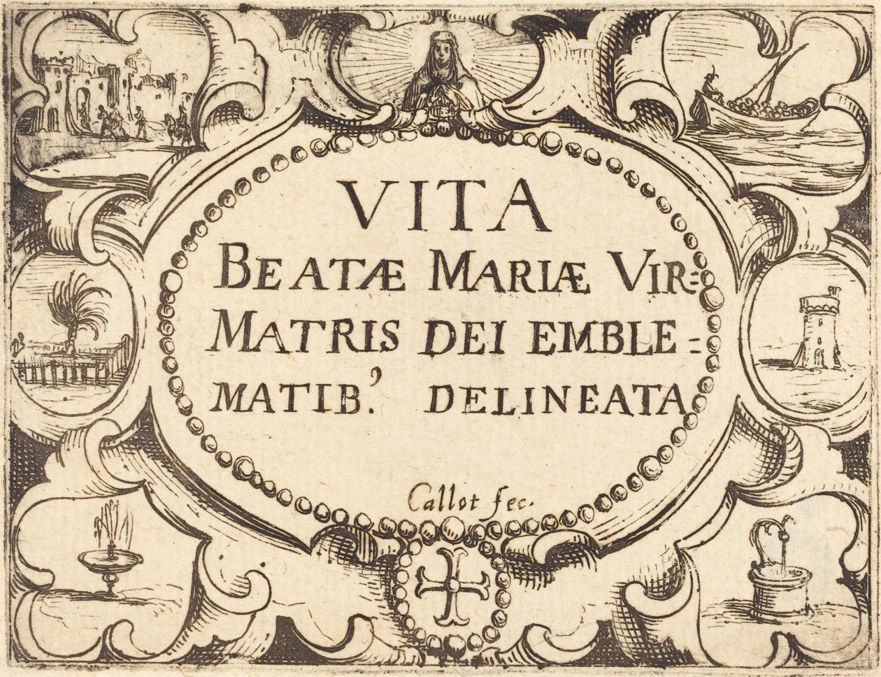 Pagina del titolo per "La vita della Vergine in emblemi" da Jacques Callot