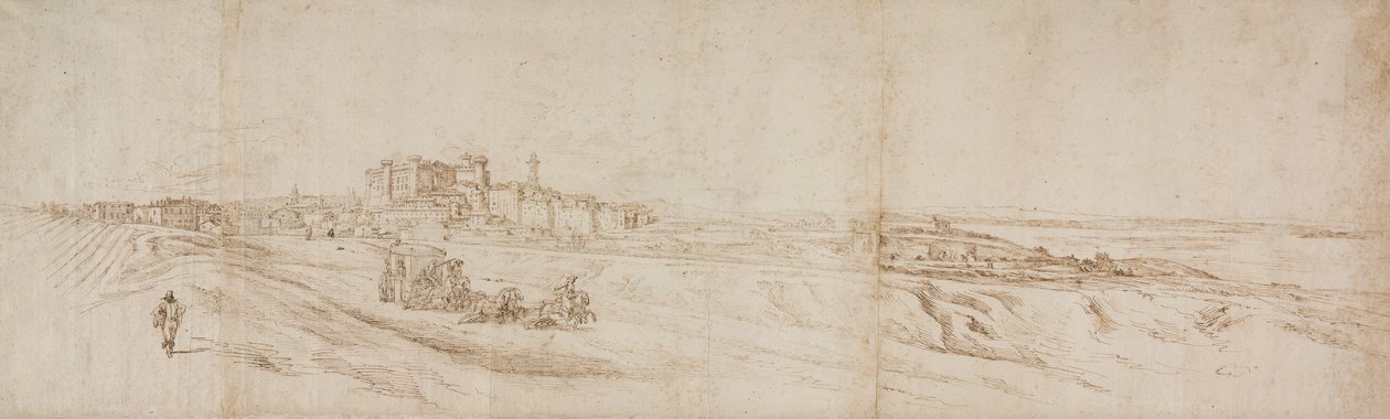 Veduta del Castello Bracciano, vicino a Roma con carrozza e figure da Jacques Callot
