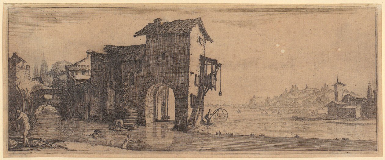 Mulino ad acqua, foglio 3 della serie "I quattro paesaggi" da Jacques Callot