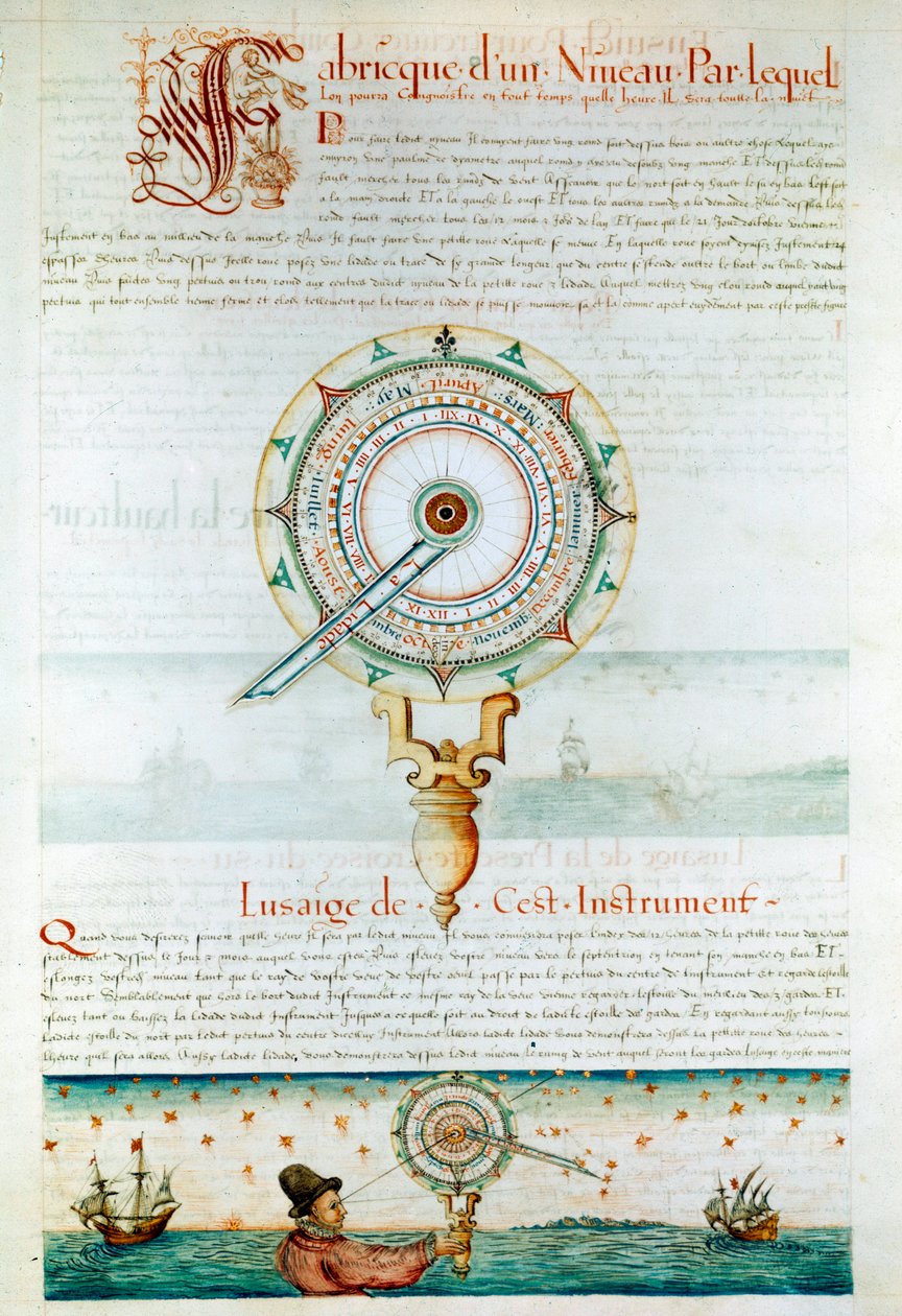 Strumenti di navigazione: navigatore che usa un astrolabio. Pagina tratta da "Les Premieres Works de Jacques Devaulx Pilot en la Marine" di Jacques de Vaulx (XVI secolo) da Jacques Devaulx