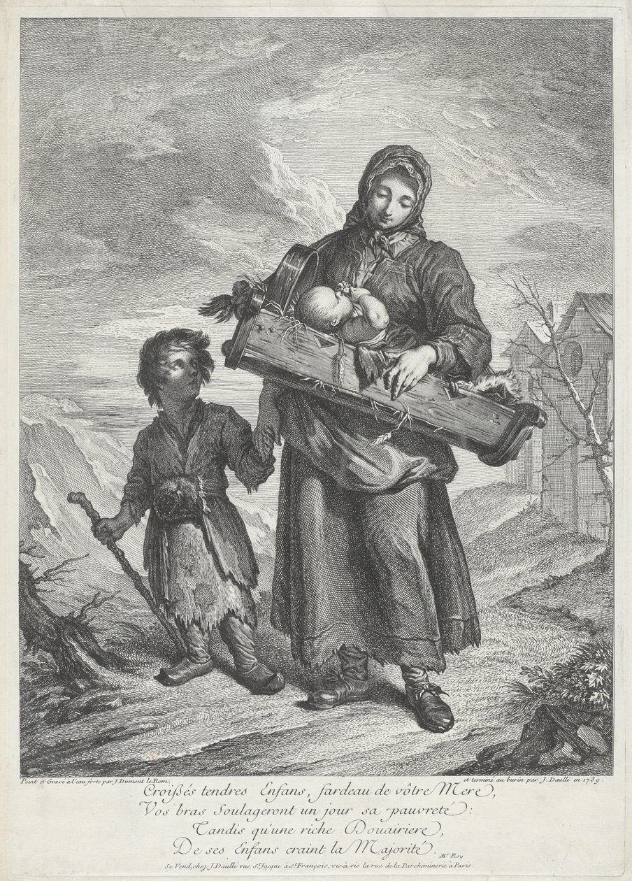 Una giovane madre che porta una culla da Jacques Dumont Le Romain, finished by Jean Daullé