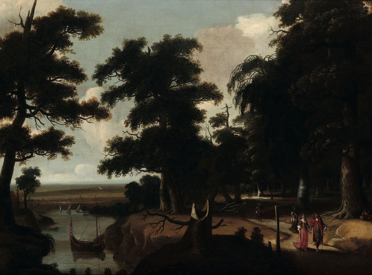 Paesaggio boschivo vicino a un fiume da Jacques Fouquier