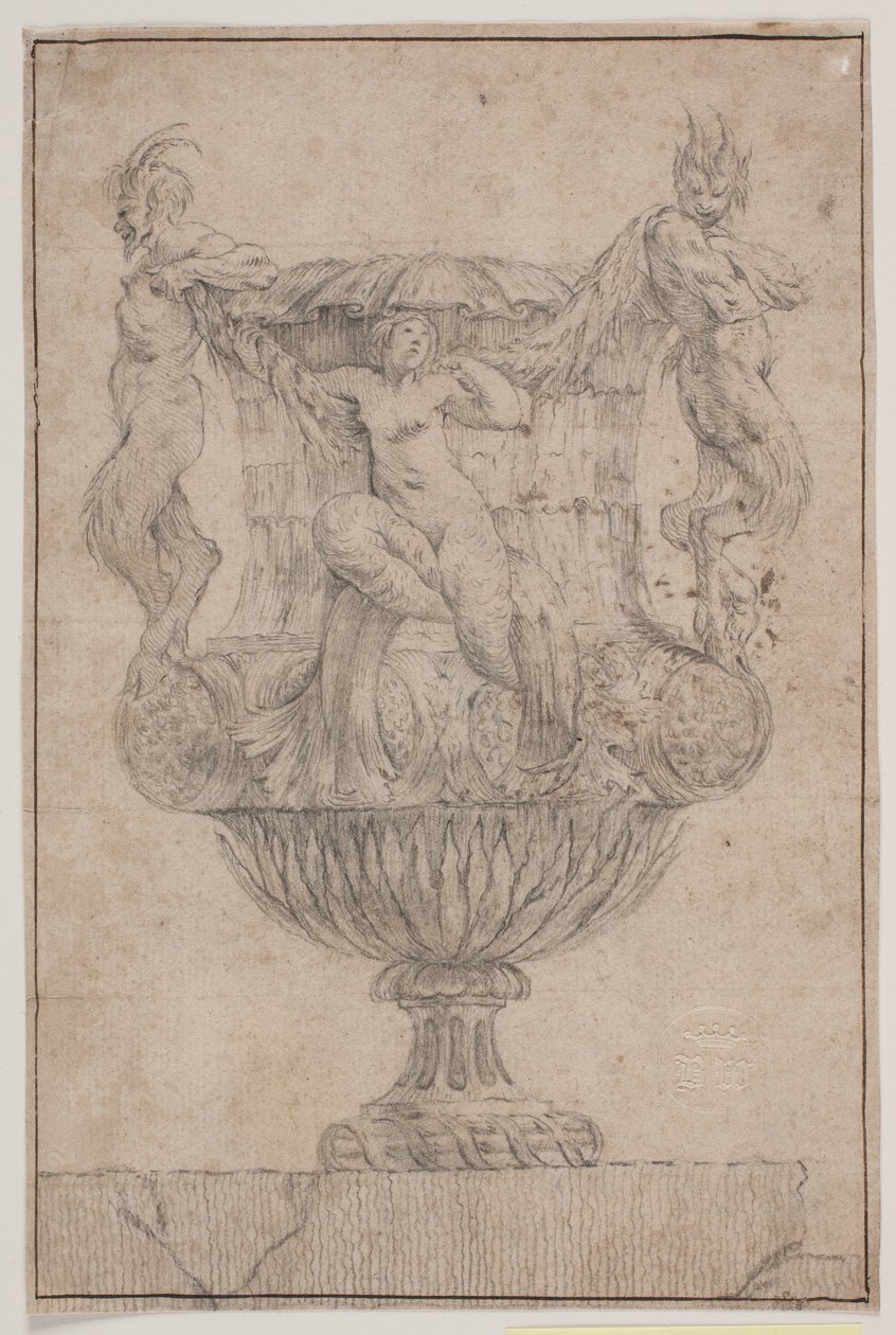 Vaso ornamentale con Pan, fauno e ninfa. Copia da Pl. 14 nella suite dei vasi disegnati da Saly nel 1746. "Vasa a se inventa..." da Jacques Francois Joseph Saly