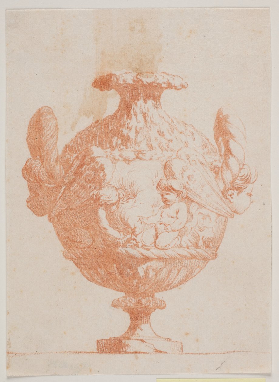 Vaso ornamentale con due teste e due putti. Copia dalla pl. 19 della suite dei vasi disegnati da Saly nel 1746. "Vasa a se inventa..." da Jacques Francois Joseph Saly