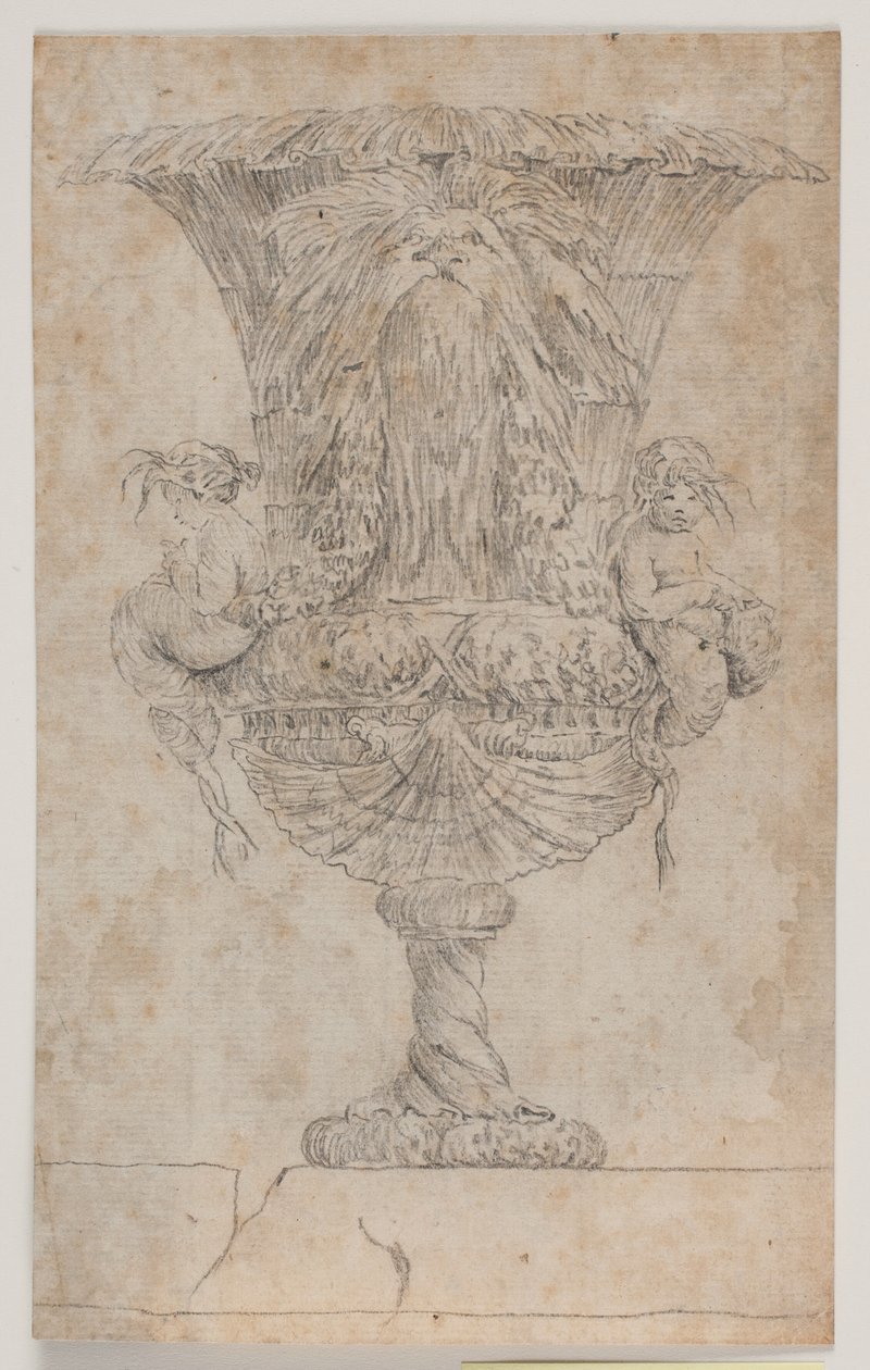 Vaso ornamentale con due putti (sirene?). Copia da incisione (pl. 9) nella suite dei vasi disegnati da Saly nel 1746. "Vasa a se inventa..." da Jacques Francois Joseph Saly