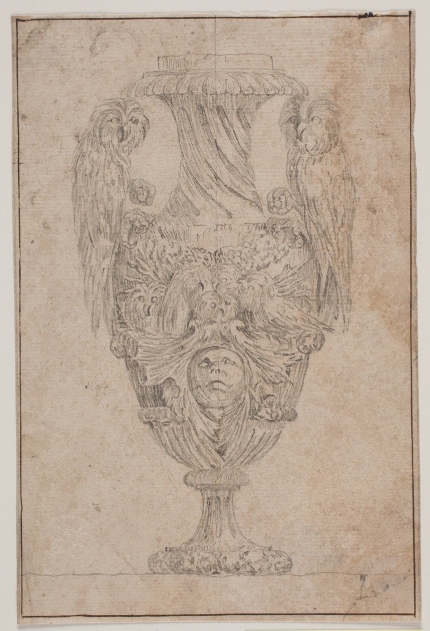 Vaso ornamentale con due gufi e una testa. Copia da Pl. 15 nella suite dei vasi disegnati da Saly nel 1746, "Vasa a se inventa..." da Jacques Francois Joseph Saly