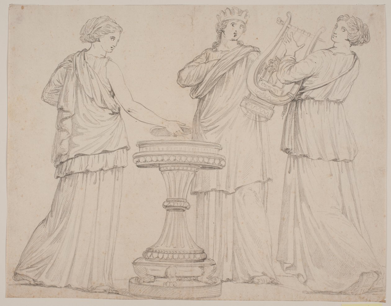 Tre donne in abiti greci presso un altare. La donna a sinistra con una tavoletta (?), al centro con una corona, a destra con una lira (terpsichore?) da Jacques Francois Joseph Saly