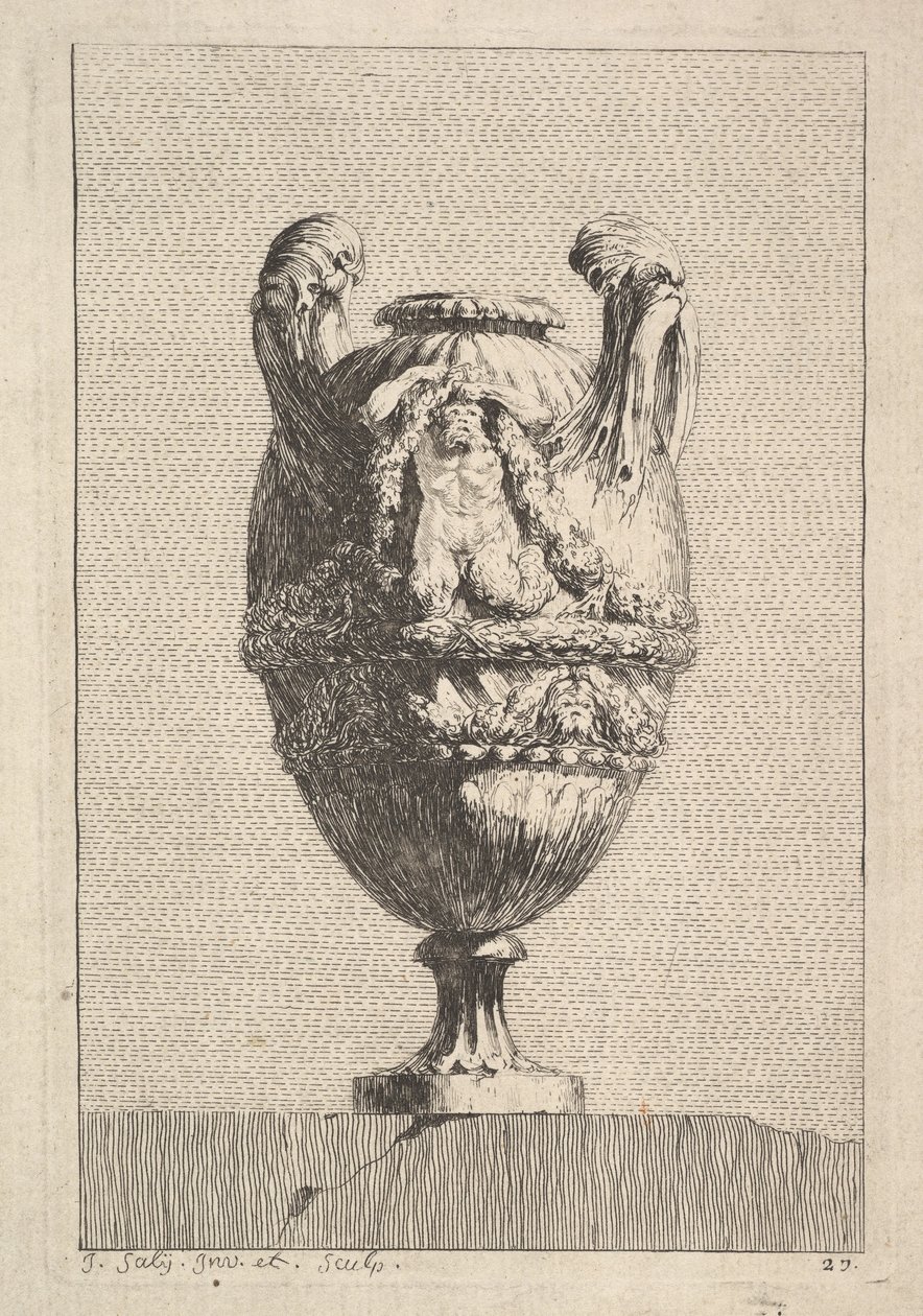 Vaso con una sirena maschio che regge una ghirlanda, da: Vasi, 1746 da Jacques Francois Joseph Saly